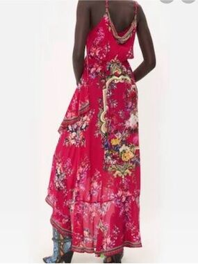 Camilla Fuchsia Floral Midi Dress with Baroque Motif